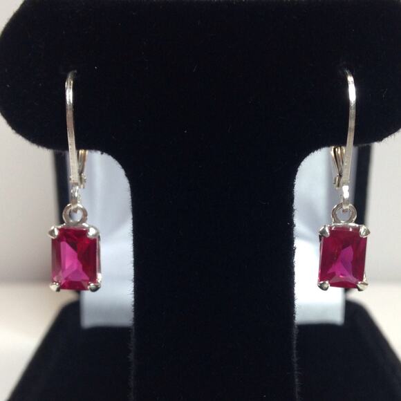 Beautiful 2ctw Emerald Cut Ruby Earrings in Sterling Silver Drop Dangle Earrings - Picture 1 of 5